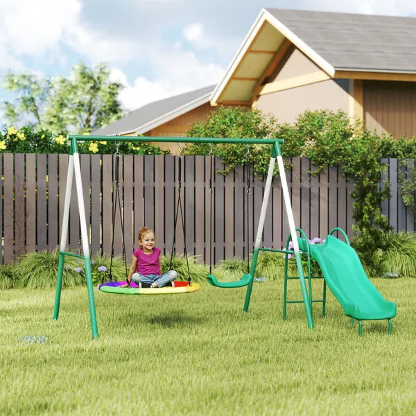 Metal Swing Set with Slide, Saucer Swing Seat, Heavy Duty A-Frame Stand and Adjustable Rope for Backyard, Dark Green - product image 9