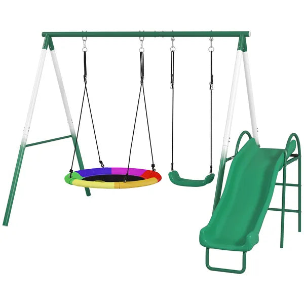Metal Swing Set with Slide, Saucer Swing Seat, Heavy Duty A-Frame Stand and Adjustable Rope for Backyard, Dark Green - product image 1