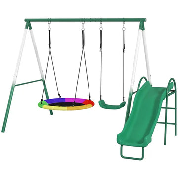 Metal Swing Set with Slide, Saucer Swing Seat, Heavy Duty A-Frame Stand and Adjustable Rope for Backyard, Dark Green - product image 1