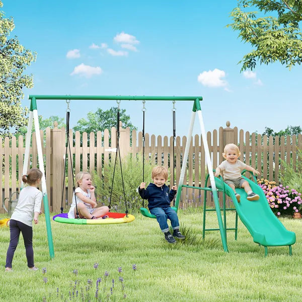 Metal Swing Set with Slide, Saucer Swing Seat, Heavy Duty A-Frame Stand and Adjustable Rope for Backyard, Dark Green - product image 2