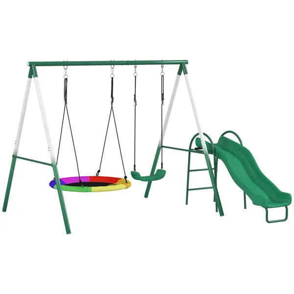 Metal Swing Set with Slide, Saucer Swing Seat, Heavy Duty A-Frame Stand and Adjustable Rope for Backyard, Dark Green - product image 12