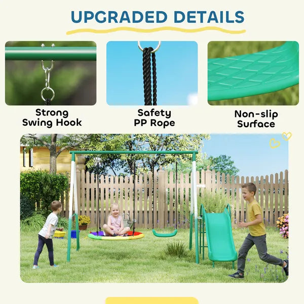 Metal Swing Set with Slide, Saucer Swing Seat, Heavy Duty A-Frame Stand and Adjustable Rope for Backyard, Dark Green - product image 8
