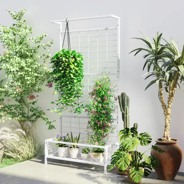 Outsunny Metal Tall Plant Stand with Trellis and Hanging Bar, Plant Holder for Indoor Outdoor Use, 36 Inch x 12.8 Inch x 74 Inch, White - product image 2
