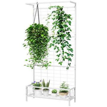 Outsunny Metal Tall Plant Stand with Trellis and Hanging Bar, Plant Holder for Indoor Outdoor Use, 36 Inch x 12.8 Inch x 74 Inch, White - product image 1