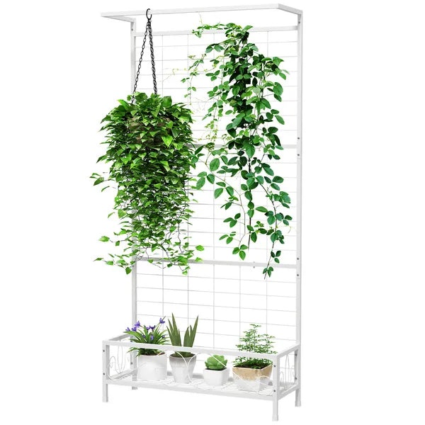 Outsunny Metal Tall Plant Stand with Trellis and Hanging Bar, Plant Holder for Indoor Outdoor Use, 36 Inch x 12.8 Inch x 74 Inch, White - product image 1