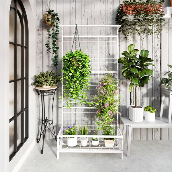Outsunny Metal Tall Plant Stand with Trellis and Hanging Bar, Plant Holder for Indoor Outdoor Use, 36 Inch x 12.8 Inch x 74 Inch, White - product image 6