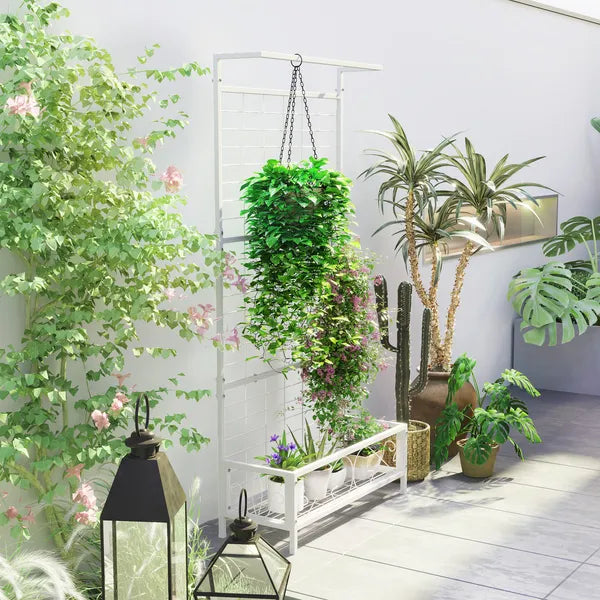 Outsunny Metal Tall Plant Stand with Trellis and Hanging Bar, Plant Holder for Indoor Outdoor Use, 36 Inch x 12.8 Inch x 74 Inch, White - product image 7
