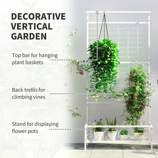 Outsunny Metal Tall Plant Stand with Trellis and Hanging Bar, Plant Holder for Indoor Outdoor Use, 36 Inch x 12.8 Inch x 74 Inch, White - product image 4