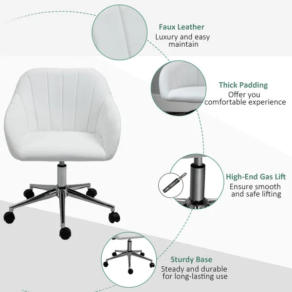 Mid-Back Home Office Chair PU Leather Swivel Task Armchair with Tub Shape Design for Living Room Home, White - product image 7
