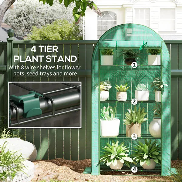 Outsunny Mini Greenhouse, Portable Greenhouse with 4 Tier Shelves, Roll-Up Door, and Plastic Cover, 41.3" x 17.7" x 63", Green - product image 5