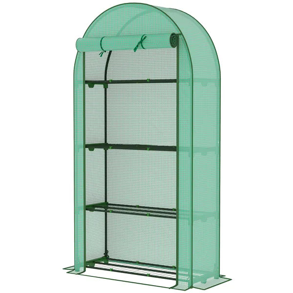 Outsunny Mini Greenhouse, Portable Greenhouse with 4 Tier Shelves, Roll-Up Door, and Plastic Cover, 41.3" x 17.7" x 63", Green - product image 1