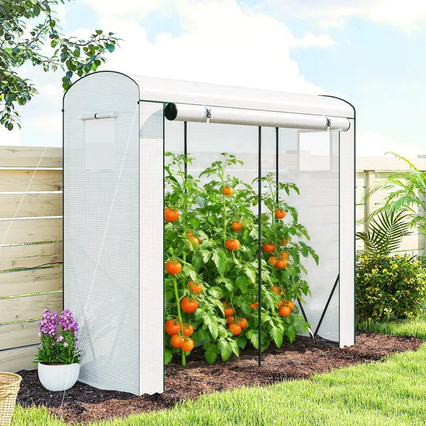 Mini Greenhouse, Portable Greenhouse with Roll-Up Door and 2 Mesh Windows, PE Cover, 78.7" x 29.5" x 74", White - product image 10