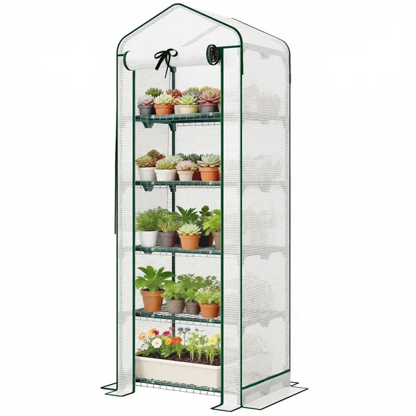 Outsunny Mini Greenhouse with Screen Roof, 5 Tier Portable Small Greenhouse with High Strength PE Cover, White - product image 1