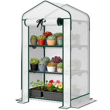 Outsunny Mini Greenhouse with Screen Roof, Portable Small Greenhouse with Roll-Up Zipper Door, 27.6" x 19.7" x 50", White - product image 1