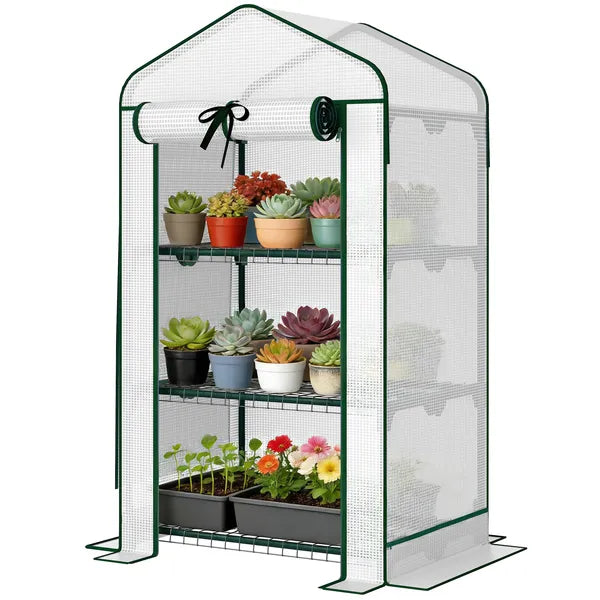 Outsunny Mini Greenhouse with Screen Roof, Portable Small Greenhouse with Roll-Up Zipper Door, 27.6" x 19.7" x 50", White - product image 1