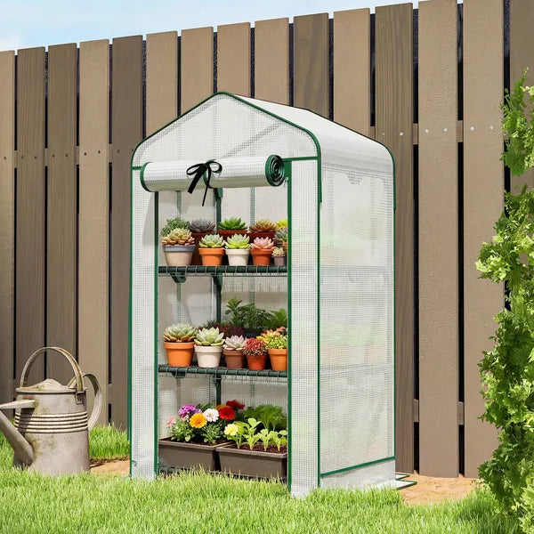 Outsunny Mini Greenhouse with Screen Roof, Portable Small Greenhouse with Roll-Up Zipper Door, 27.6" x 19.7" x 50", White - product image 2