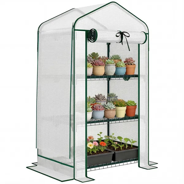Outsunny Mini Greenhouse with Screen Roof, Portable Small Greenhouse with Roll-Up Zipper Door, 27.6" x 19.7" x 50", White - product image 11