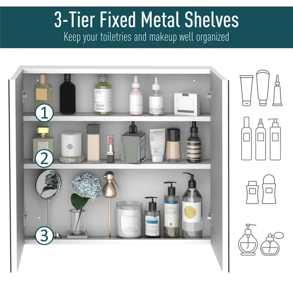 Kleankin Mirrored Medicine Cabinet 24x22 Steel Frame Wall-Mounted Double Doors White - product image 5