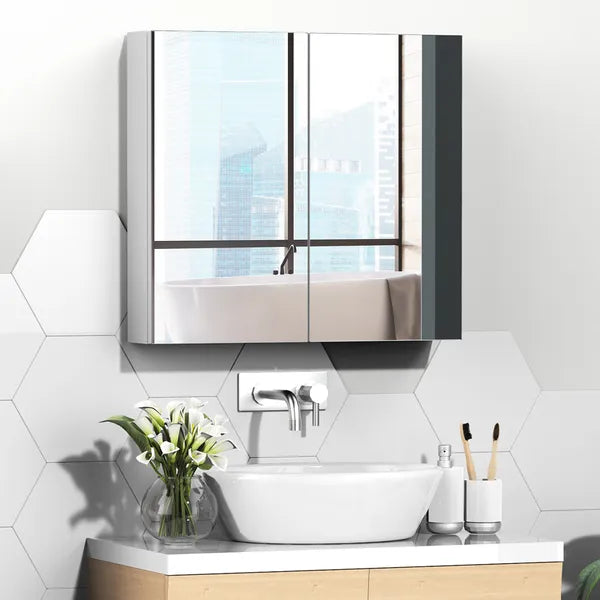 Kleankin Mirrored Medicine Cabinet 24x22 Steel Frame Wall-Mounted Double Doors White - product image 12