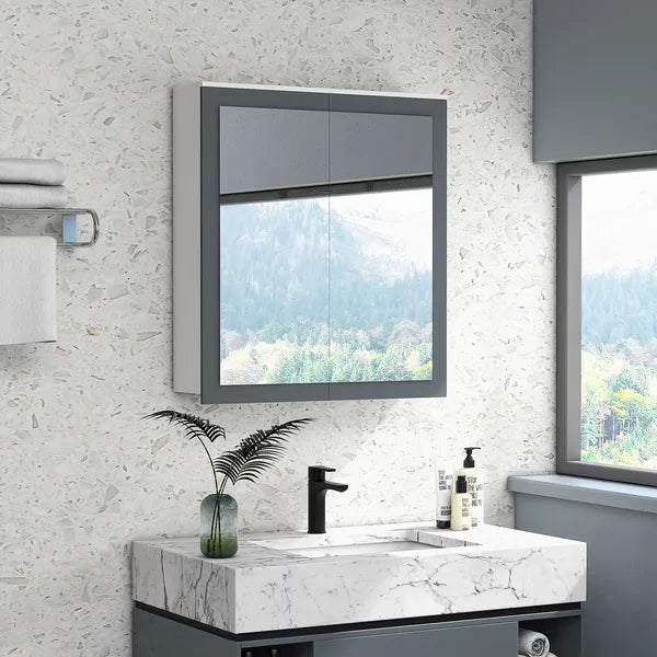 Mirrored Wall Organizer: White Wall-Mounted Bathroom Cabinet with Double Doors and Shelves - product image 2
