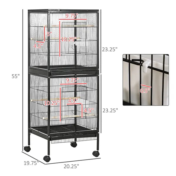 PawHut Mobile 55" Dual-Use Bird Cage Aviary for Finches Budgies with Easy Move Wheels Sleek Black - product image 3