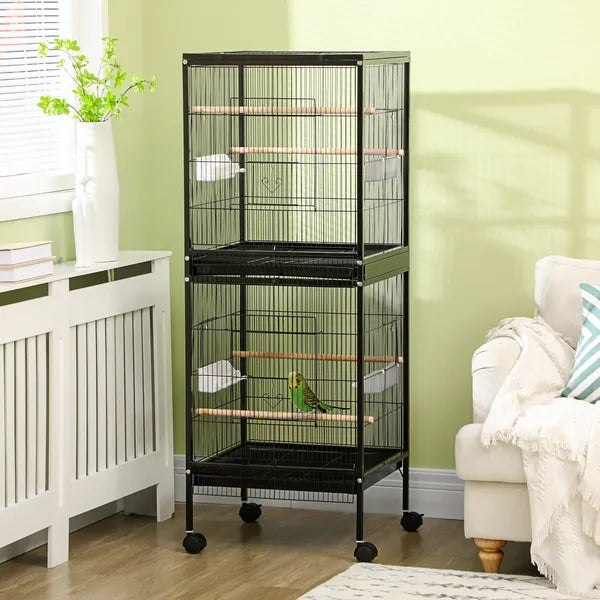 PawHut Mobile 55" Dual-Use Bird Cage Aviary for Finches Budgies with Easy Move Wheels Sleek Black - product image 10