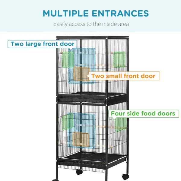 PawHut Mobile 55" Dual-Use Bird Cage Aviary for Finches Budgies with Easy Move Wheels Sleek Black - product image 5