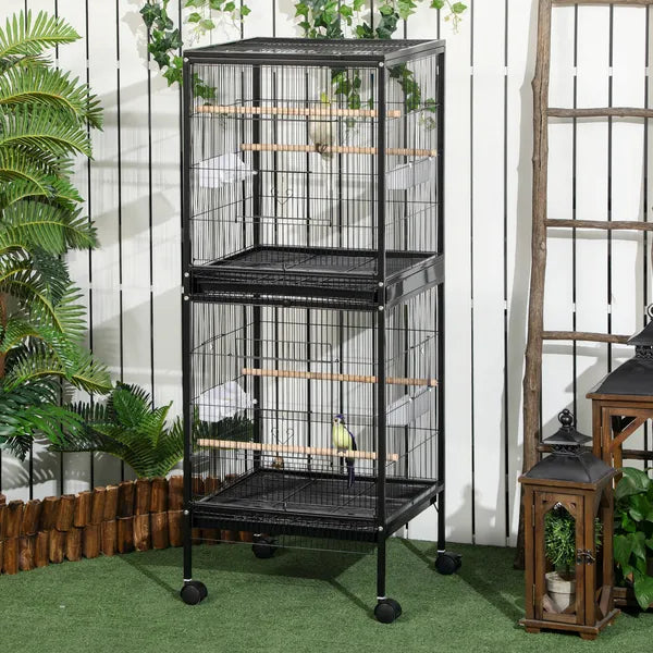 PawHut Mobile 55" Dual-Use Bird Cage Aviary for Finches Budgies with Easy Move Wheels Sleek Black - product image 2