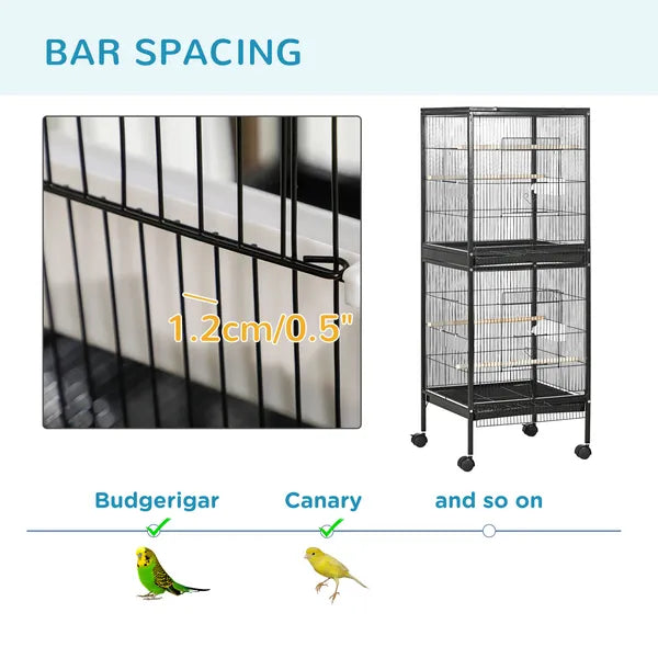 PawHut Mobile 55" Dual-Use Bird Cage Aviary for Finches Budgies with Easy Move Wheels Sleek Black - product image 7