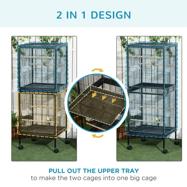 PawHut Mobile 55" Dual-Use Bird Cage Aviary for Finches Budgies with Easy Move Wheels Sleek Black - product image 4