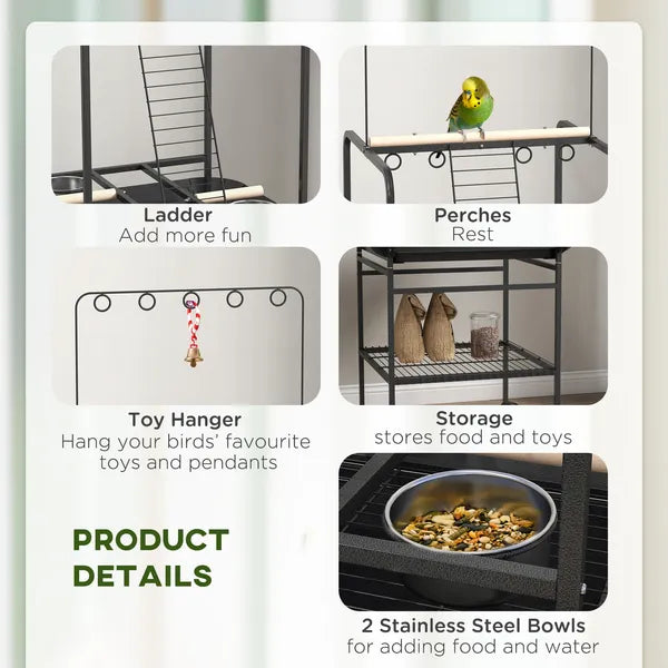 Mobile Bird Stand with Wheels Perches Stainless Steel Feed Bowls Pull-Out Tray for Small Parrot Dark Gray - product image 7