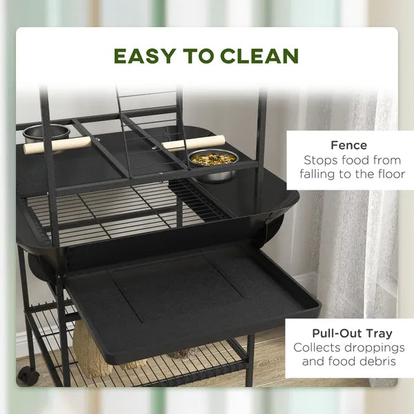 Mobile Bird Stand with Wheels Perches Stainless Steel Feed Bowls Pull-Out Tray for Small Parrot Dark Gray - product image 6