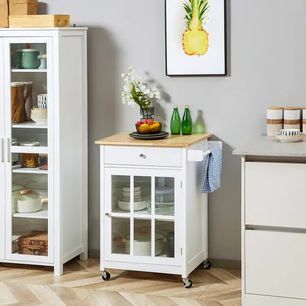 HOMCOM Mobile Kitchen Trolley, White, Elegant Glass Panel Door, Metallic Grip, Towel Holder, Versatile Use - product image 10