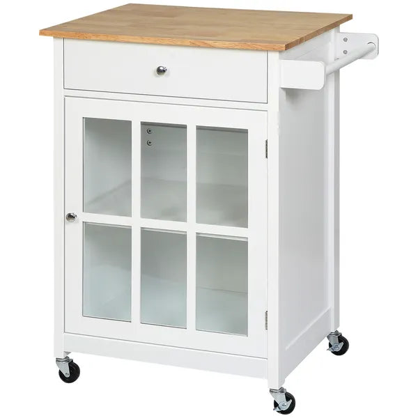 HOMCOM Mobile Kitchen Trolley, White, Elegant Glass Panel Door, Metallic Grip, Towel Holder, Versatile Use - product image 11