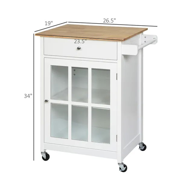 HOMCOM Mobile Kitchen Trolley, White, Elegant Glass Panel Door, Metallic Grip, Towel Holder, Versatile Use - product image 3