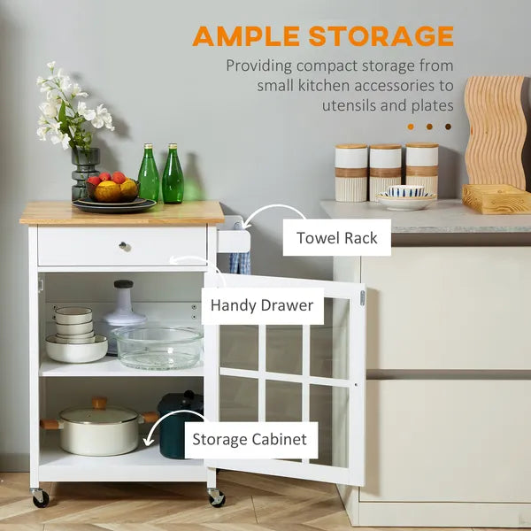 HOMCOM Mobile Kitchen Trolley, White, Elegant Glass Panel Door, Metallic Grip, Towel Holder, Versatile Use - product image 4