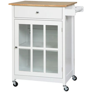 HOMCOM Mobile Kitchen Trolley, White, Elegant Glass Panel Door, Metallic Grip, Towel Holder, Versatile Use - product image 1