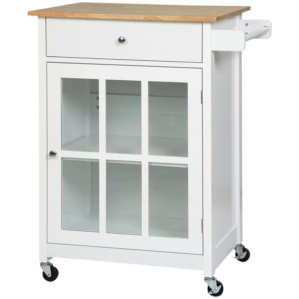 HOMCOM Mobile Kitchen Trolley, White, Elegant Glass Panel Door, Metallic Grip, Towel Holder, Versatile Use - product image 1
