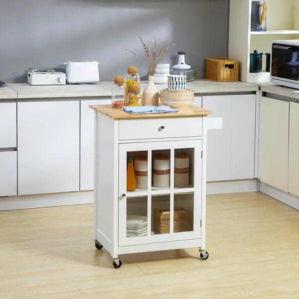 HOMCOM Mobile Kitchen Trolley, White, Elegant Glass Panel Door, Metallic Grip, Towel Holder, Versatile Use - product image 2