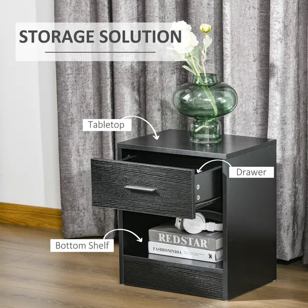 HOMCOM Modern Nightstand, Accent End Table with Drawer and Storage Shelf, Sofa Side Table for Living Room or Bedroom, Black Wood Grain - product image 4