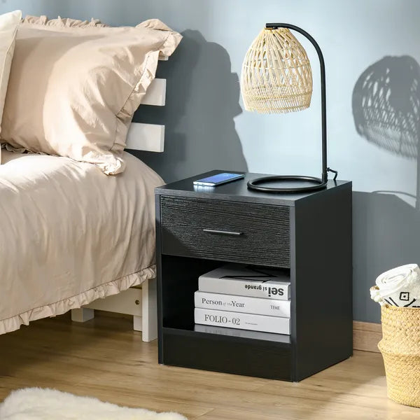 HOMCOM Modern Nightstand, Accent End Table with Drawer and Storage Shelf, Sofa Side Table for Living Room or Bedroom, Black Wood Grain - product image 10