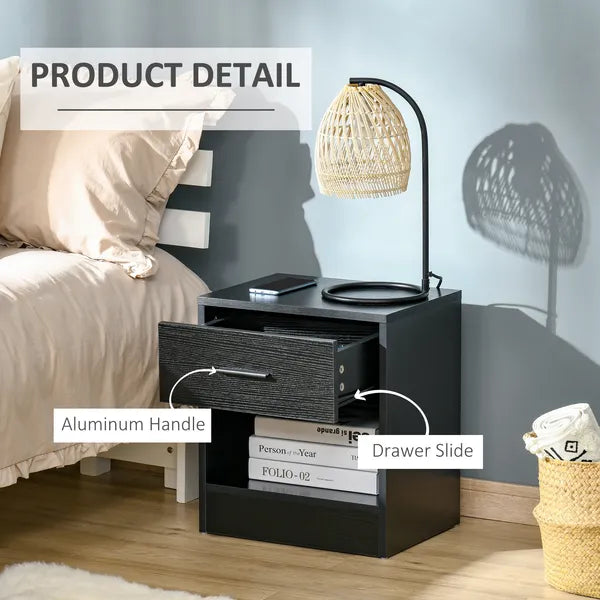HOMCOM Modern Nightstand, Accent End Table with Drawer and Storage Shelf, Sofa Side Table for Living Room or Bedroom, Black Wood Grain - product image 5