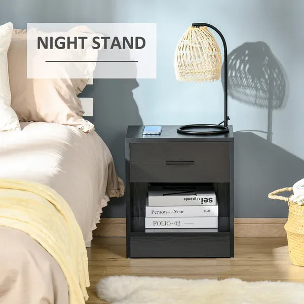 HOMCOM Modern Nightstand, Accent End Table with Drawer and Storage Shelf, Sofa Side Table for Living Room or Bedroom, Black Wood Grain - product image 7