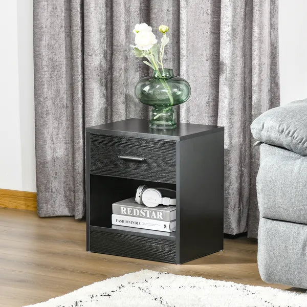 HOMCOM Modern Nightstand, Accent End Table with Drawer and Storage Shelf, Sofa Side Table for Living Room or Bedroom, Black Wood Grain - product image 2