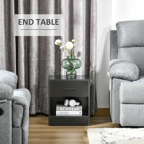 HOMCOM Modern Nightstand, Accent End Table with Drawer and Storage Shelf, Sofa Side Table for Living Room or Bedroom, Black Wood Grain - product image 6