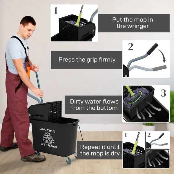 HOMCOM Mop Bucket with Wringer on Wheels 21 Quart Floor Cleaning Black Separate Dirty Clean Water System - product image 6