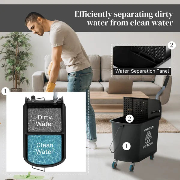 HOMCOM Mop Bucket with Wringer on Wheels 21 Quart Floor Cleaning Black Separate Dirty Clean Water System - product image 5