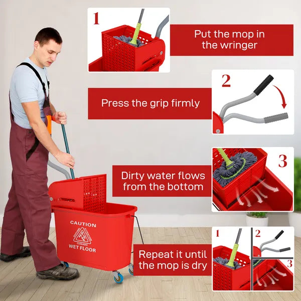 HOMCOM Mop Bucket with Wringer on Wheels 21 Quart Floor Cleaning Red Separate Dirty Clean Water System - product image 6