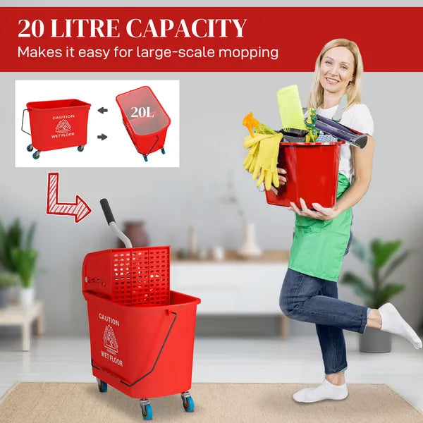 HOMCOM Mop Bucket with Wringer on Wheels 21 Quart Floor Cleaning Red Separate Dirty Clean Water System - product image 4
