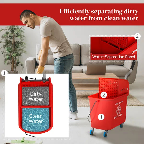 HOMCOM Mop Bucket with Wringer on Wheels 21 Quart Floor Cleaning Red Separate Dirty Clean Water System - product image 5